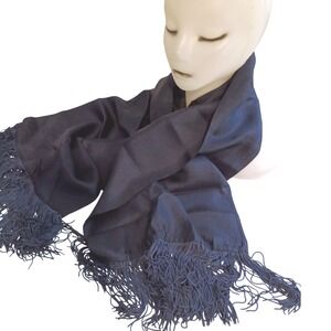 Elegant Navy Blue Silk Scarf Tassel Fringe Opera Rectangle Long Unisex